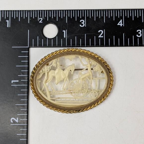 Vtg Depose France Carved Celluloid Brooch Horse & Bicycle Scene Gold Rope Frame - Picture 6 of 6